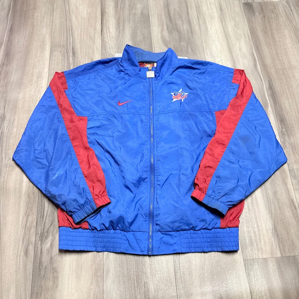 Vintage Nike Team Sports USA Hockey Windbreaker Jacket Blue Red Mens Large